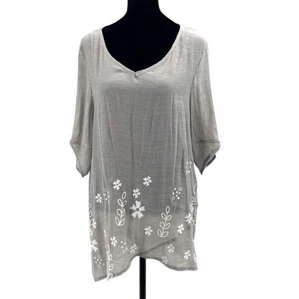 Just Fashion‎ Now Womens Floral Tulip Hem Cotton Blend V-Neck T-shirt Gray Large